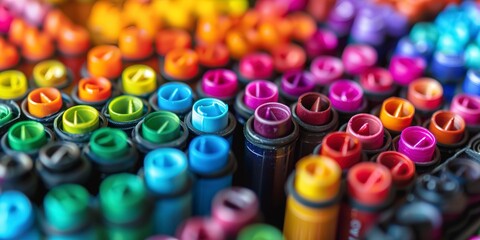 Canvas Print - Markers in a desk organizer, tips up, close-up, color-coded arrangement