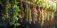 Herbs Hanging To Dry, Rustic Kitchen Backdrop, Close View, Natural Lighting 