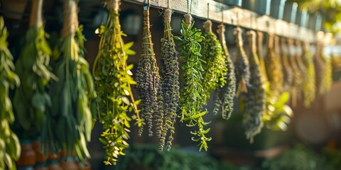 Wall Mural - Herbs hanging to dry, rustic kitchen backdrop, close view, natural lighting 