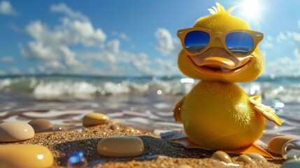 Cheerful rubber duck on sunny beach