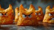 Close-up of crunchy snacks with cartoon angry faces on a dark background