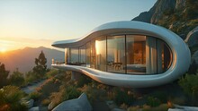 Modern Minimalist Round And Curved Shaped Luxury House. Villa With Terrace At Sunset. Created With Generative AI.
