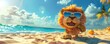 Cheerful cartoon lion on a sunny beach