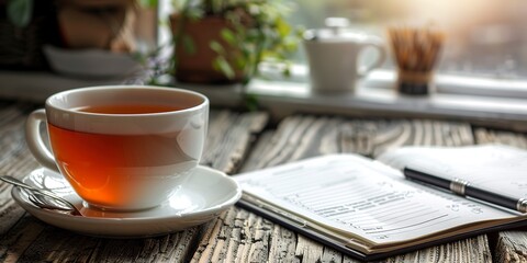 Poster - Close-up on a cup of tea beside a to-do list, calming colors, gentle focus 