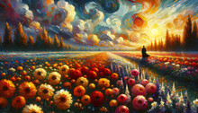 A Vibrant, Impressionist-style Painting Of A Flower Field