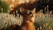  A tight shot of a cat in a lush grass field, eyes shut, mouth agape
