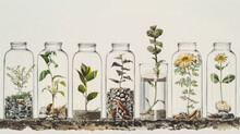 A Row Of Clear Glass Jars Filled With Various Green Plants, Displayed Neatly In A Line. Each Jar Contains A Different Type Of Plant, Creating A Unique And Organized Arrangement