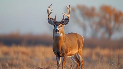 Sticker -   A deer up-close in tall grass field, trees behind, blue sky overhead