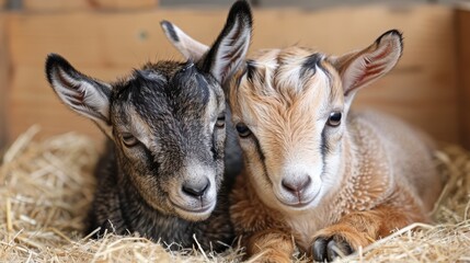 Sticker -   A couple of goats lie next to each other on a large heap of hay