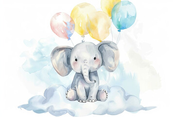 Watercolor of a baby elephant and balloons sitting on a cloud on white isolated background.