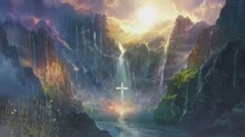 The Cross Of The Lord Jesus Is In A Very Beautiful Place . Seamless Looping Time-lapse Virtual Video Animation Background.