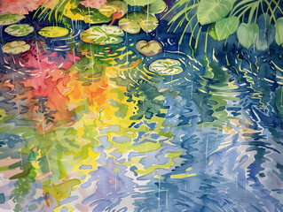 Wall Mural - watercolor painting of reflective pond water with floating lilies and colorful foliage.