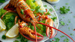 Delicious red lobster dish on a plate in a restaurant, isolated, with fresh seafood and crustaceans