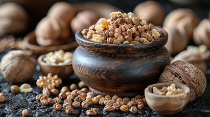 Sticker -   A wooden bowl, brimming with nuts, rests atop a table Nearby, a mound of walnuts and assorted nuts awaits