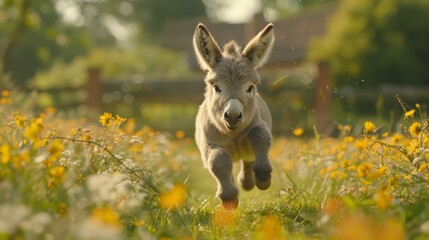 Poster -   A small donkey jogs through a field filled with wildflowers, a barn distantly visible in the background