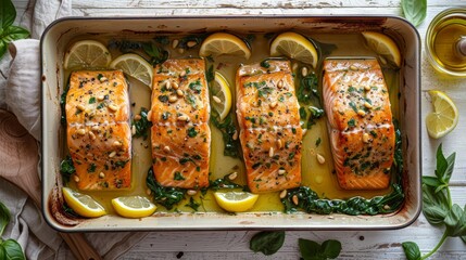 Poster -   A pan of salmon with lemons, spinach, and lemon wedges Next to it, a glass of beer