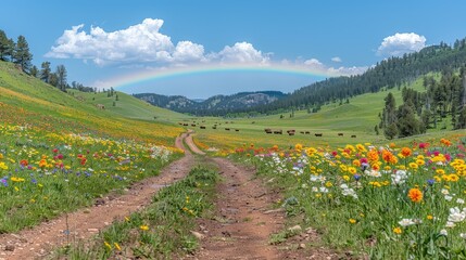 Poster -   A dirt path through a field, dotted with wildflowers Cows graze at a distance Rainbow arches in the sky