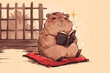 Happy capybara reading books, hand drawn illustration