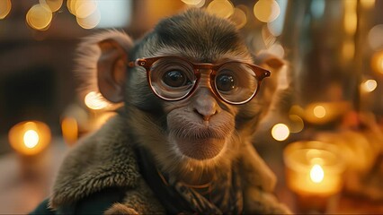 Wall Mural - funny portrait of macaque monkey with glasses. created with generative ai.
