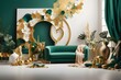 {An artistic interpretation of a studio background with an aesthetic blend of white, emerald green, and gold colors. The design incorporates creative direction elements, showcasing a unique and visual