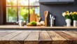  Empty wooden table and blurred background of modern kitchen. for product display 