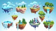 Modern cartoon illustration of flying islands, floating rock with gemstones, forest and waterfall on green land, howl of wolf on ice landscape at night.