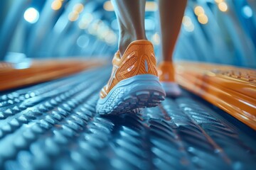 A pair of orange sneakers pictured in a bright, future-inspired tunnel setting