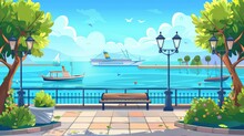 Cruise Ship And Powerboat In The Ocean, Cartoon Quay With Benches And Vintage Fence. Modern Seascape With Empty Promenade, Decorative Trees, Street Lamps And Gulls.