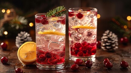 Wall Mural -   Two glasses, each holding ice and cranberries, sit beside pine cones A solitary pine cone rests near the glasses
