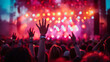 Crowd cheering, hands raised, at live show. Concert, show, stage, club, event.