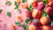 Fresh Peaches with Leaves on Pink Background