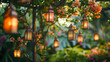 Enchanting evening garden scene illuminated by traditional lanterns among flowers, setting a mood of romance and mystery.