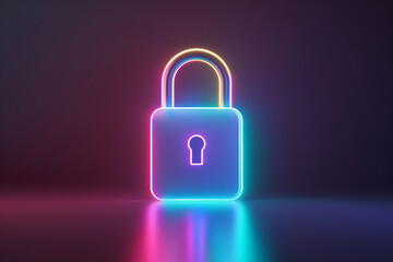 A neon colorful padlock on a dark background, digital security concept.