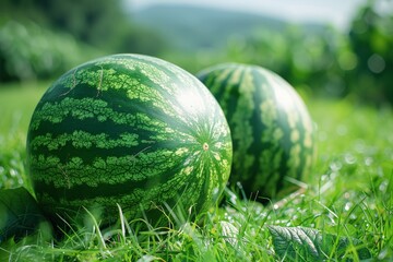 Fresh juicy ripe watermelons growing on the vine in a verdant field, ready for sale