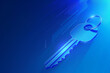 A key on the blue background, security and protection, possession and ownership concept.
