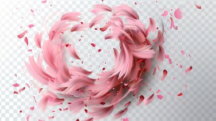 Wall Mural - Modern realistic illustration of spiraling air vortex with flying blossom petals, magic dust splash.