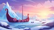 © Mark - Landing page with Viking ship, history, culture, and a frozen landscape with a battleboat and round shields. Medieval northern warriors Cartoon modern banner.