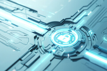 Neon padlock on the technological futuristic background, cyber security concept.