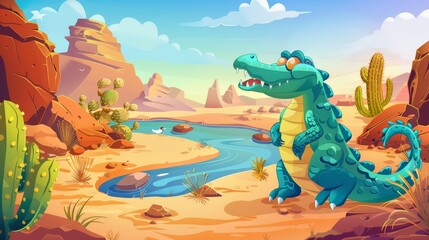 Wall Mural - Animals in the African desert with waterholes, mountains, river, sand, and cactuses. Modern cartoon illustration.