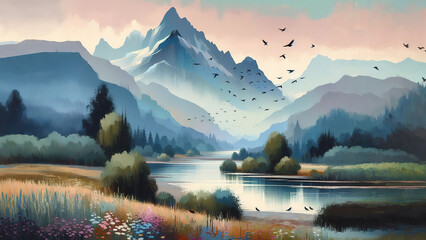 Canvas Print - A picturesque landscape with trees and flowers by the river against the backdrop of mountains in computer graphics style