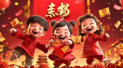Wall Mural - An image of children holding money around a big red envelope to celebrate the Lunar New Year, with Chinese text: Best luck in the new year