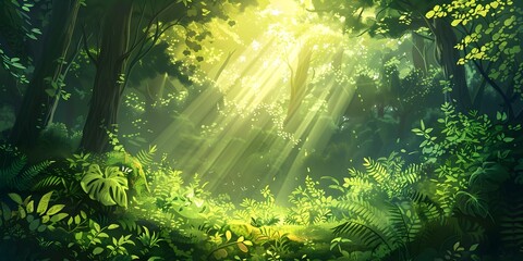 Poster - Lush Green Forest Bathed in Warm Sunlight Serene and Tranquil Woodland Landscape with Glowing Rays Filtering Through the Verdant Canopy