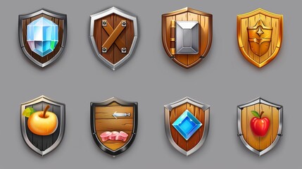 Wall Mural - In a silver frame, shield emblems with wood board, diamond, gold ingot, book, meat and apple icons are isolated on a white background.