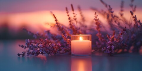 Canvas Print - Soothing Candlelight Ambiance Surrounded by Soft Lavender and Pink Gradient Backdrop