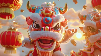 Wall Mural - Chinese zodiac sign ox appears in this 3D parade banner featuring cute baby cows performing the lion dance. Translation: Happy Chinese New Year.