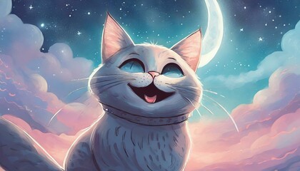 Wall Mural - A mysterious cat is smiling. A crescent moon in the light blue and pink sky