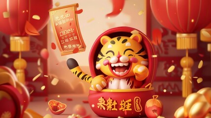 Wall Mural - CNY greeting card from 2022. A tiger in Caishen costume pops out of a lucky bag to receive a scroll of paper filled with wishes for the Chinese New Year.