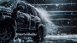 Close-up of car covered in soap foam washing in black background, Car wash service advertising concept.