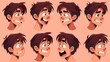 An animated man's face with different emotions. The young guy is neutral looking, laughing and angry, embarrassed and surprised, winking his eye.