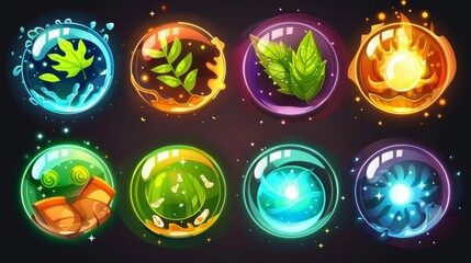 Wall Mural - Modern icon of magic energy ball orb for fantasy cartoon game. Wizard fortune sphere illustration 2d set. Mystery bubble collection with foliage, honeycombs, water and music sound.